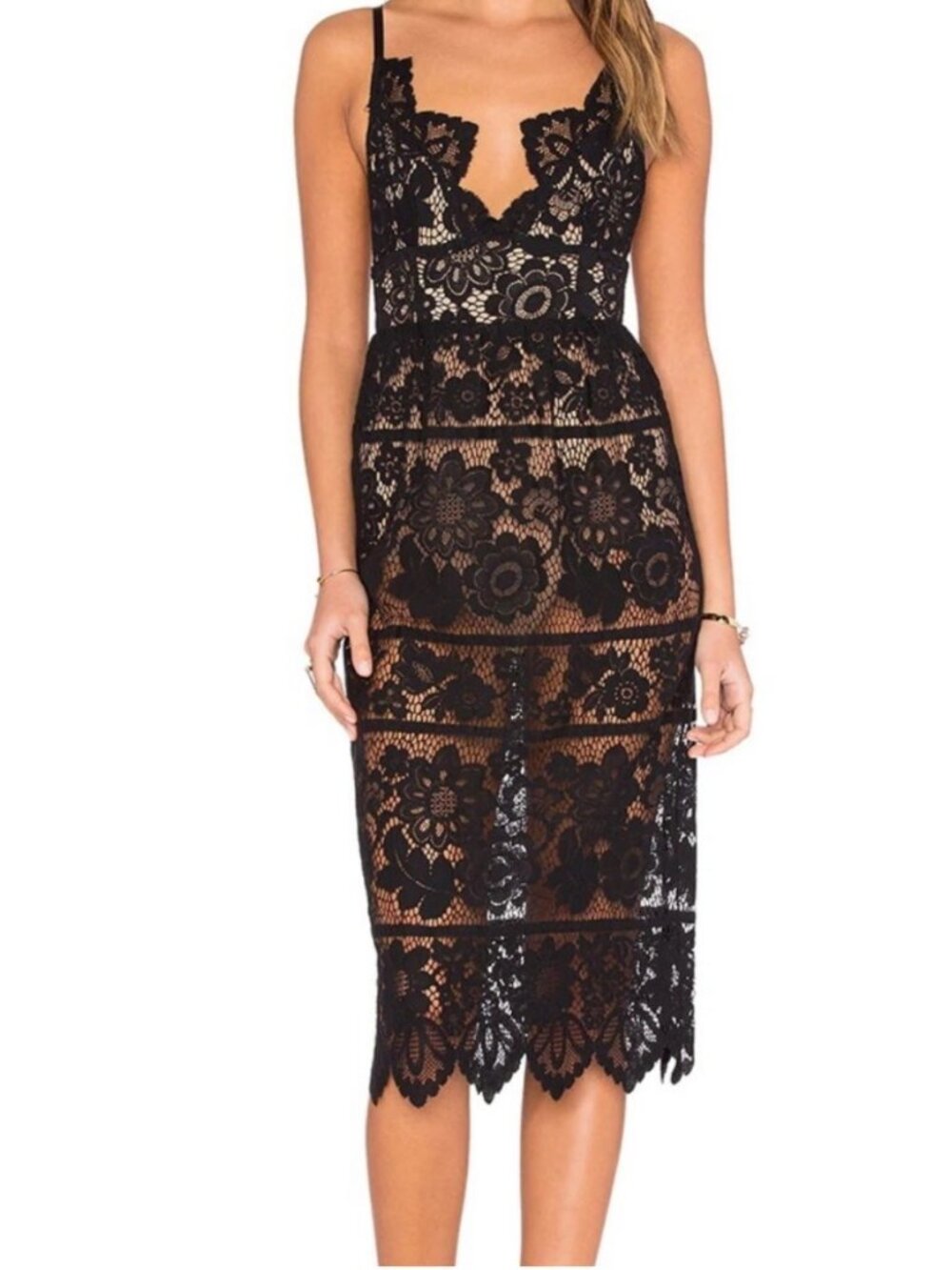 For Love and Lemons Gianna Black Lace Midi Dress Nude Bodysuit LBD Sz L Coquette